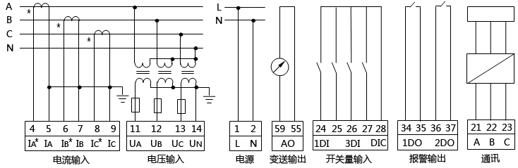 三相四线高压系统有功功率表接线图