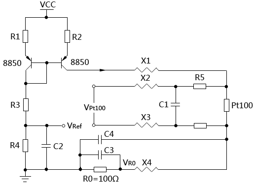 改进的四线制Pt100恒流源驱动温度测量电路原理图