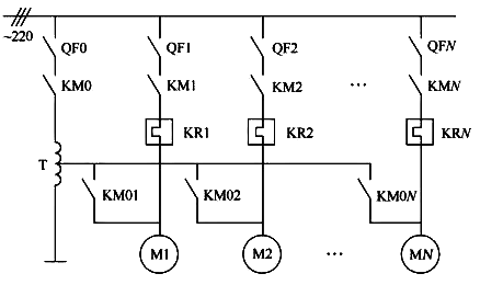 PLC自耦变压器控制多台电动机主电路图