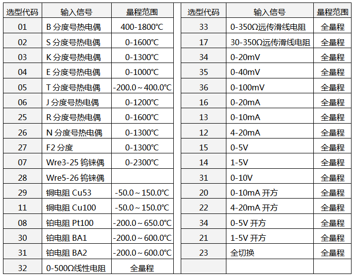 仪表输入类型