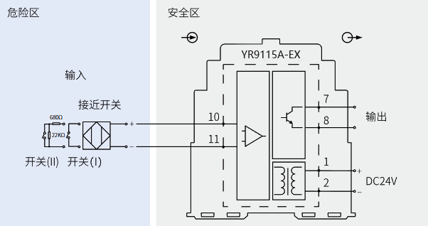 一入一出开关量安全栅(晶闸管输出)接线图 一入一出开关量安全栅(晶闸管输出)接线图