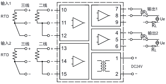 二入二出热电阻温度变送器接线图 二入二出热电阻温度变送器接线图