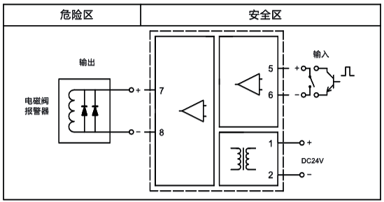 独立供电,一入一出,开关量输出隔离式安全栅接线图 独立供电,一入一出,开关量输出隔离式安全栅接线图