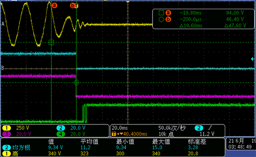 RC阻容模块的电压限制效果(黄色)