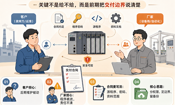 PLC程序交付以项目前期约定的交付边界来分层交付，并提供完整资料和做好PLC程序版本备份