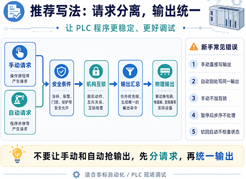 PLC程序中手动和自动只提请求，输出统一管理